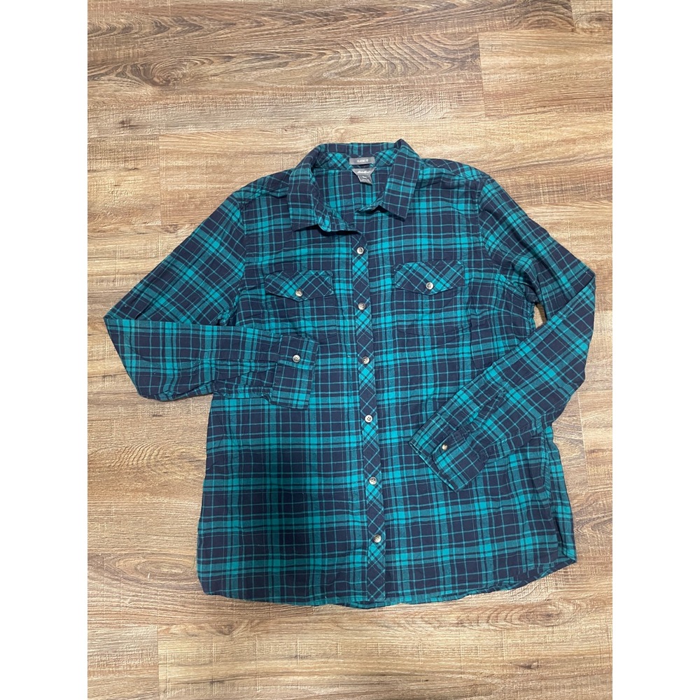Eddie Bauer Womens XL Classic Fit Plaid‎ Flannel Long Sleeve Shirt Teal Navy